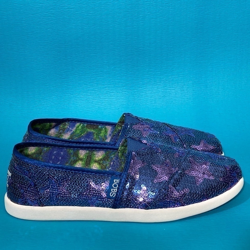 Bobs by Skechers Women's Purple/Blue Glitter Slip On Flat Casual Shoes Size 6.5